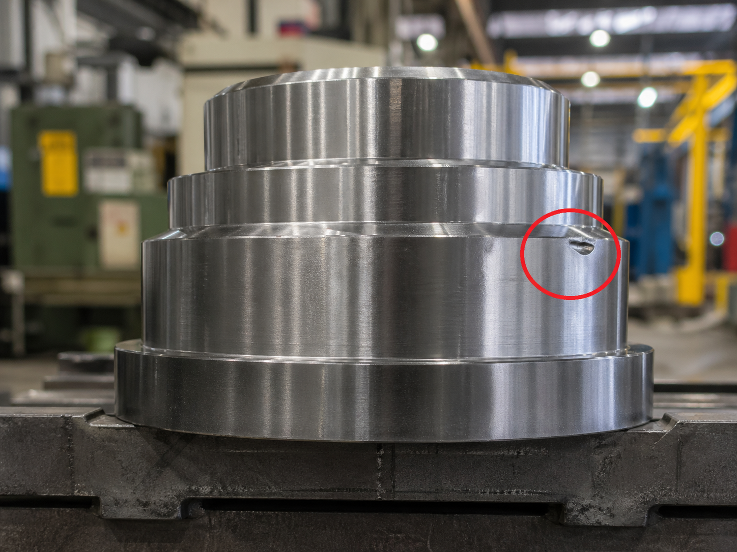 Pieza metálica industrial con defecto visual marcado mediante visión artificial